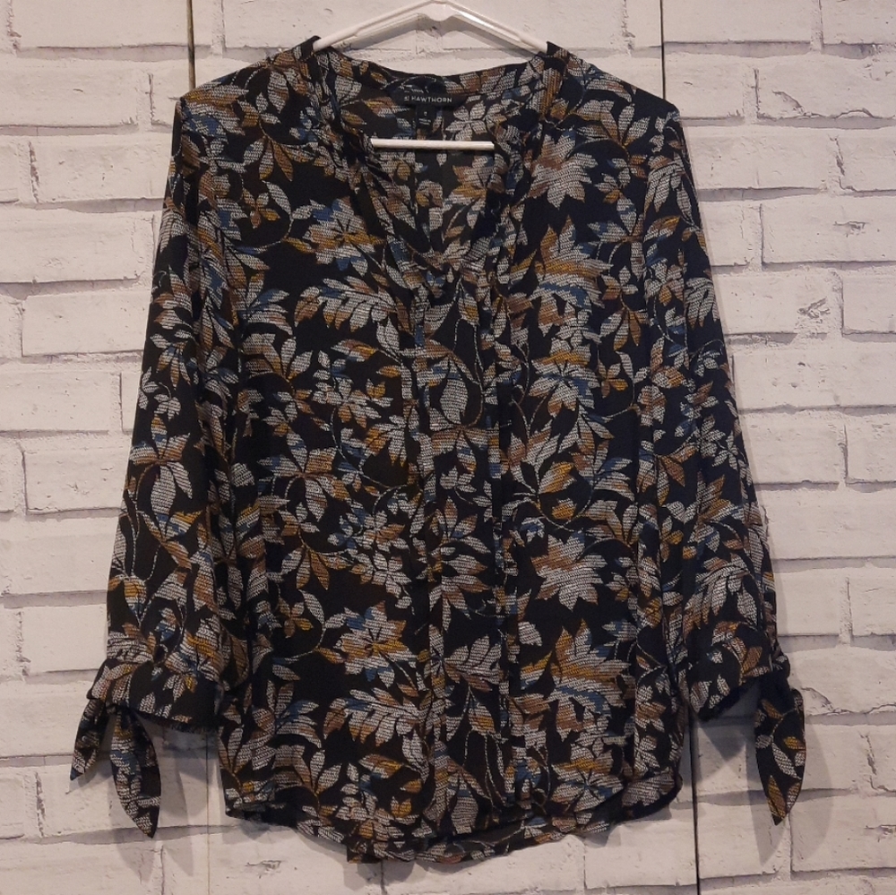 41 Hawthorne Women's Size M Blouse Black Brown Blue 3/4 Tie Sleeve
